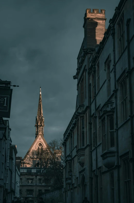 church spire from street with no people