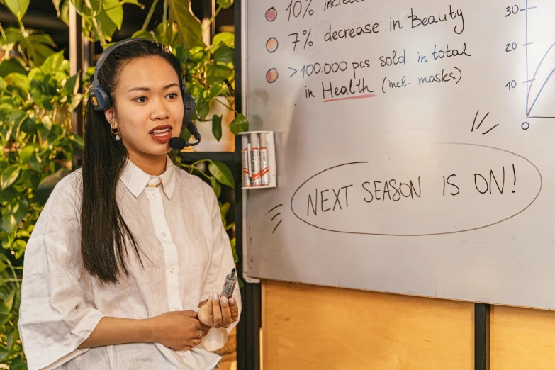 woman standing next to a whiteboard showing a lot of notes