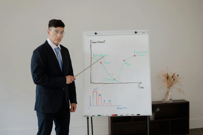 a man in a business suit stands next to a whiteboard