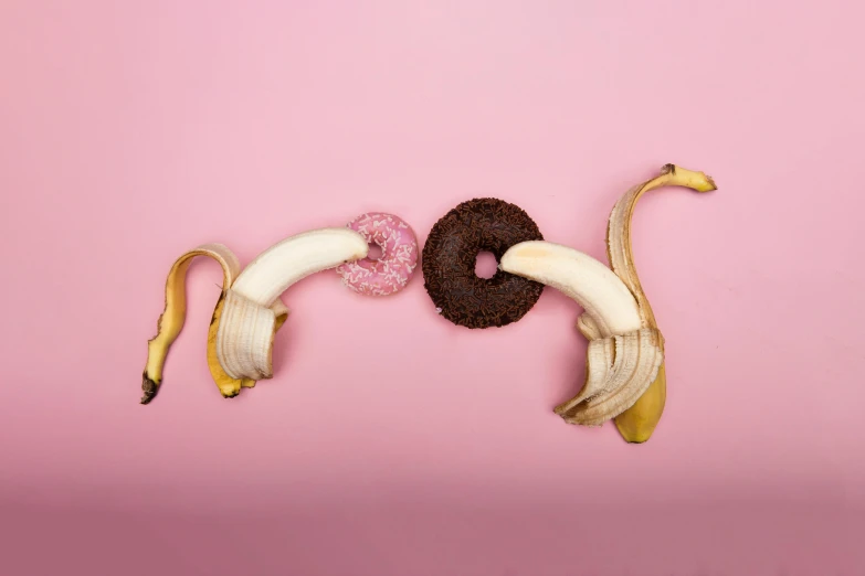 there are bananas and a donut that appear to be in love