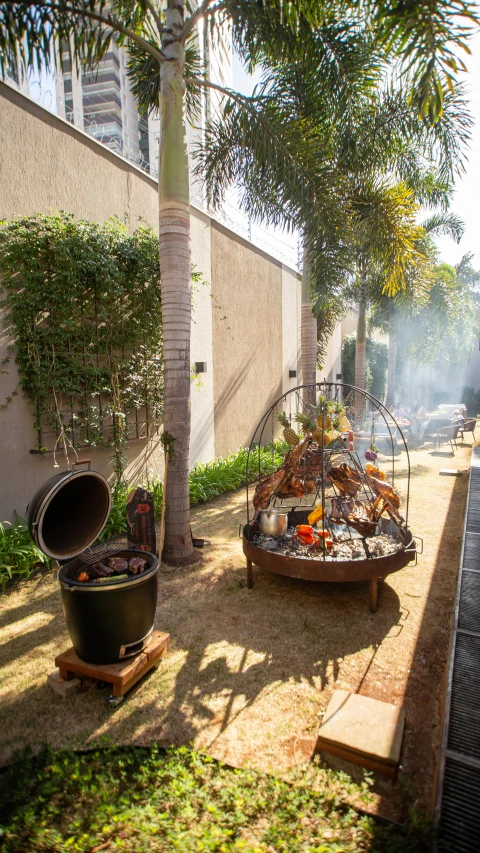 a street view shows various potted plants and grills