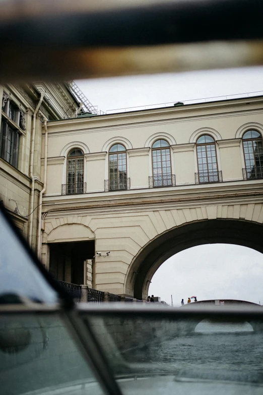 view looking down at an old building from the street