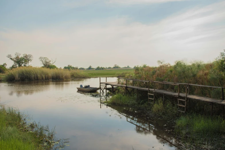 a small boat in water near dock and vegetation