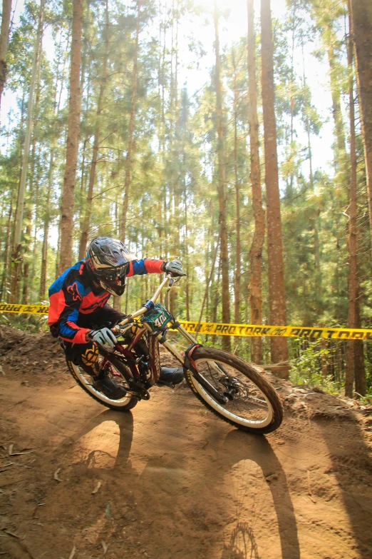 a man on a dirt bike riding in the woods