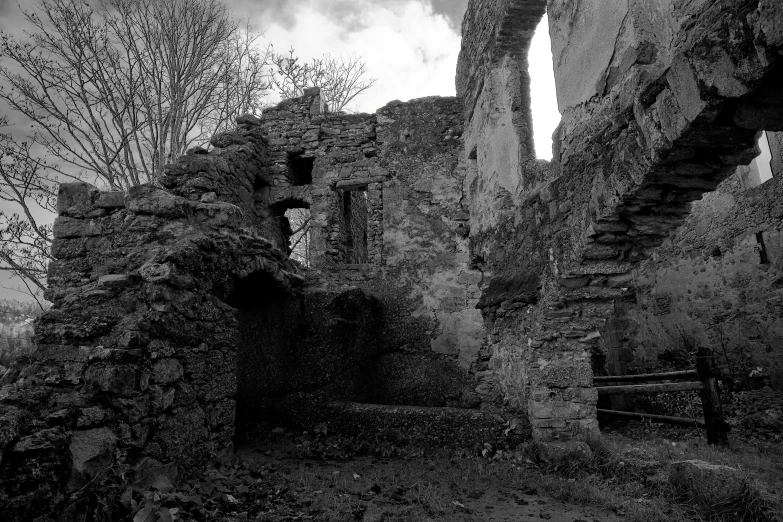 a black and white po of an old castle