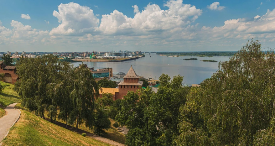 looking down on a river and town, from a hill