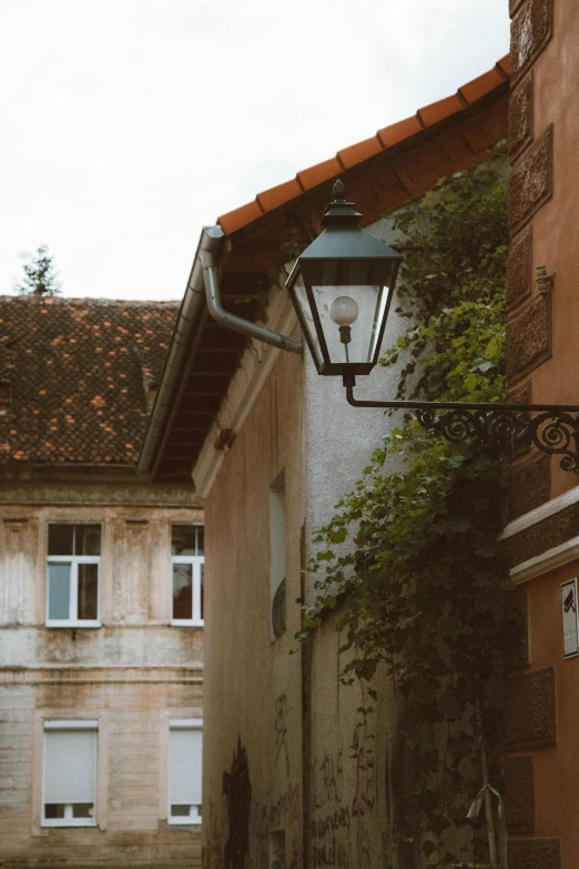 an old - fashioned street light on a residential street