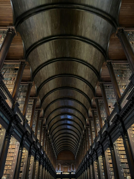 the ceiling of a very large building with many books