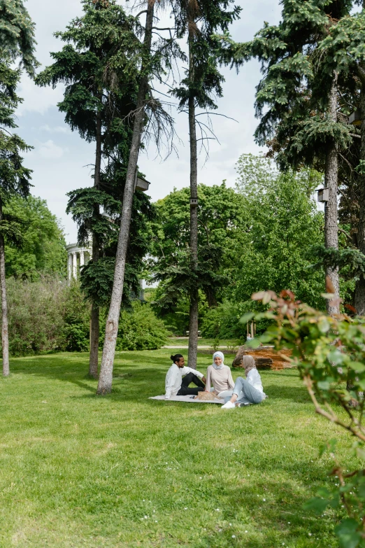 a couple are sitting on a blanket at the park