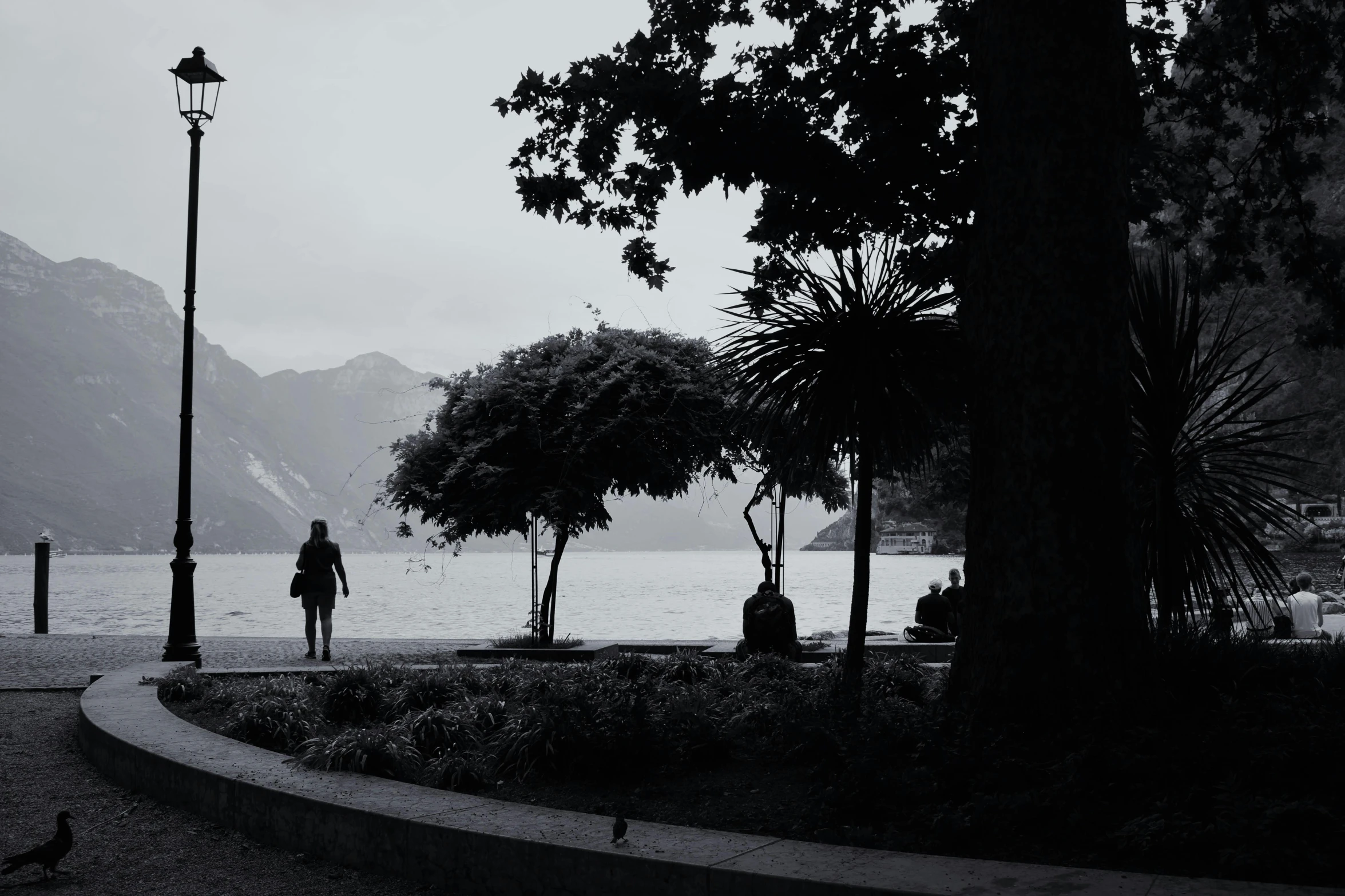 a woman walking down the road near the lake