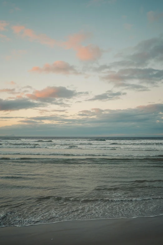 a beach filled with water and clouds with a sky filled with birds