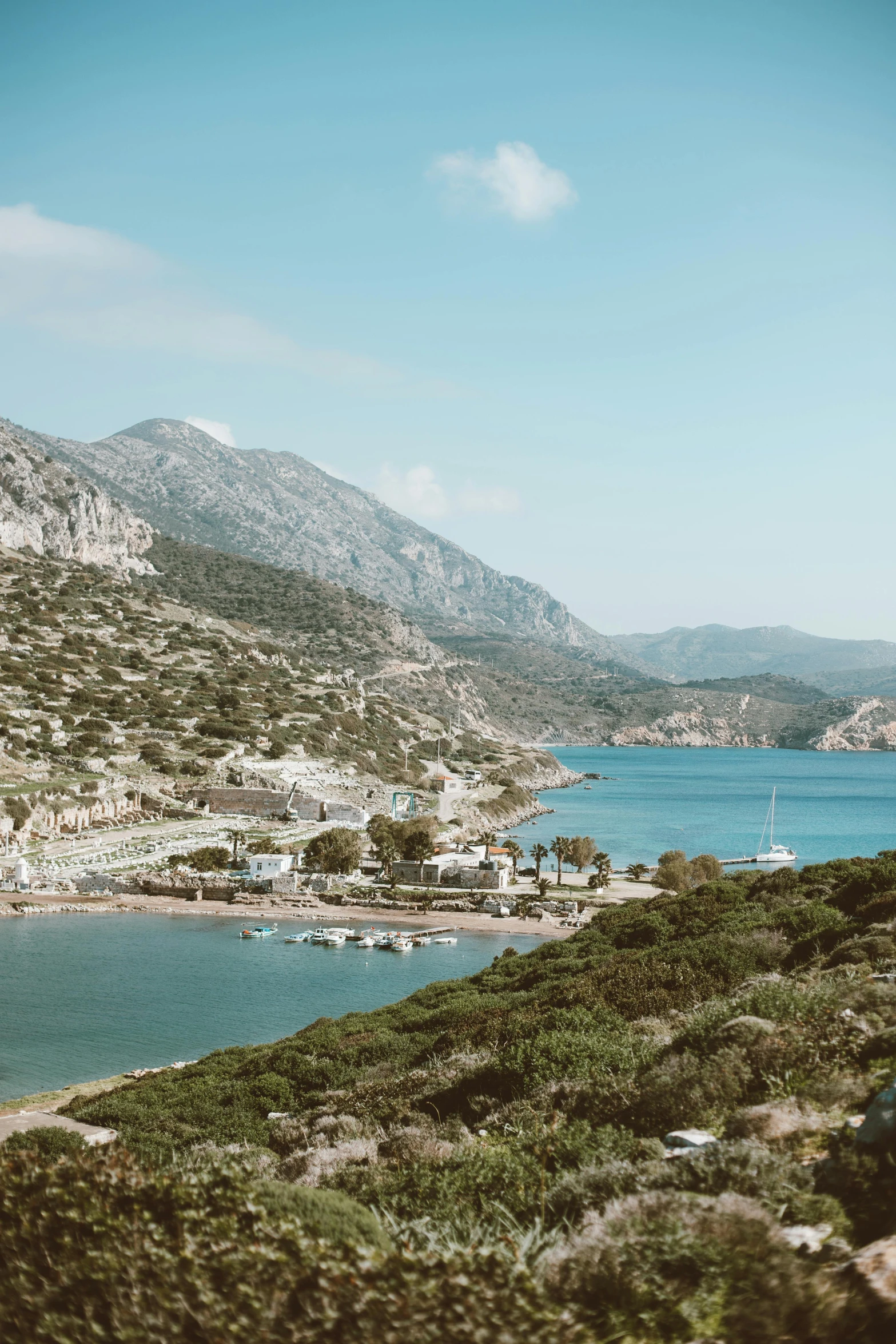 a scenic view of the shore and water