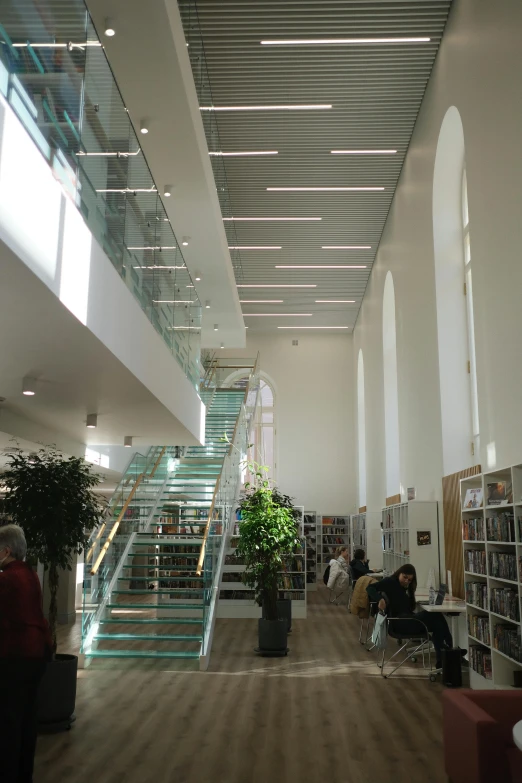 a po taken from the ceiling of a liry with lots of books