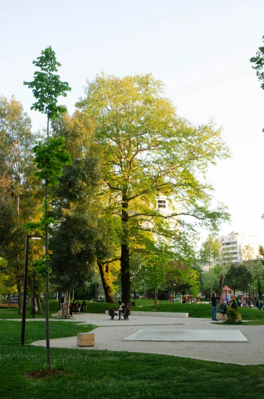 several people walking around the park with benches, tables, and trees