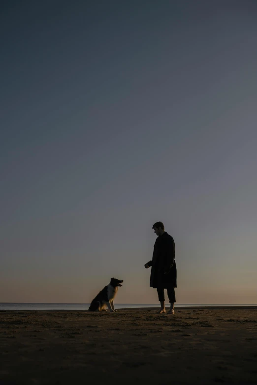 a man walking a dog on top of a sandy beach