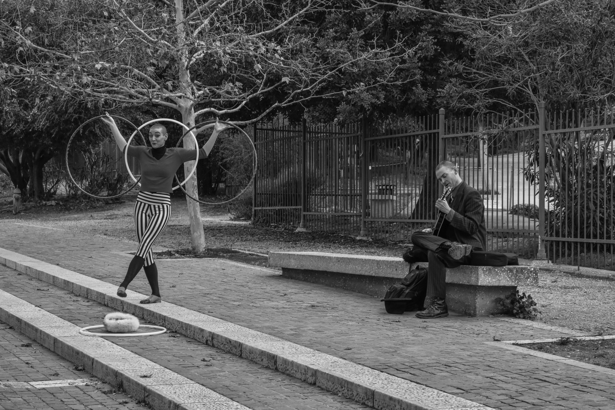 a person walking on the sidewalk by a tree and some steps