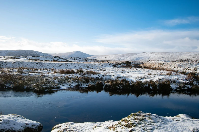 snow covered mountains and grassy area next to a small stream