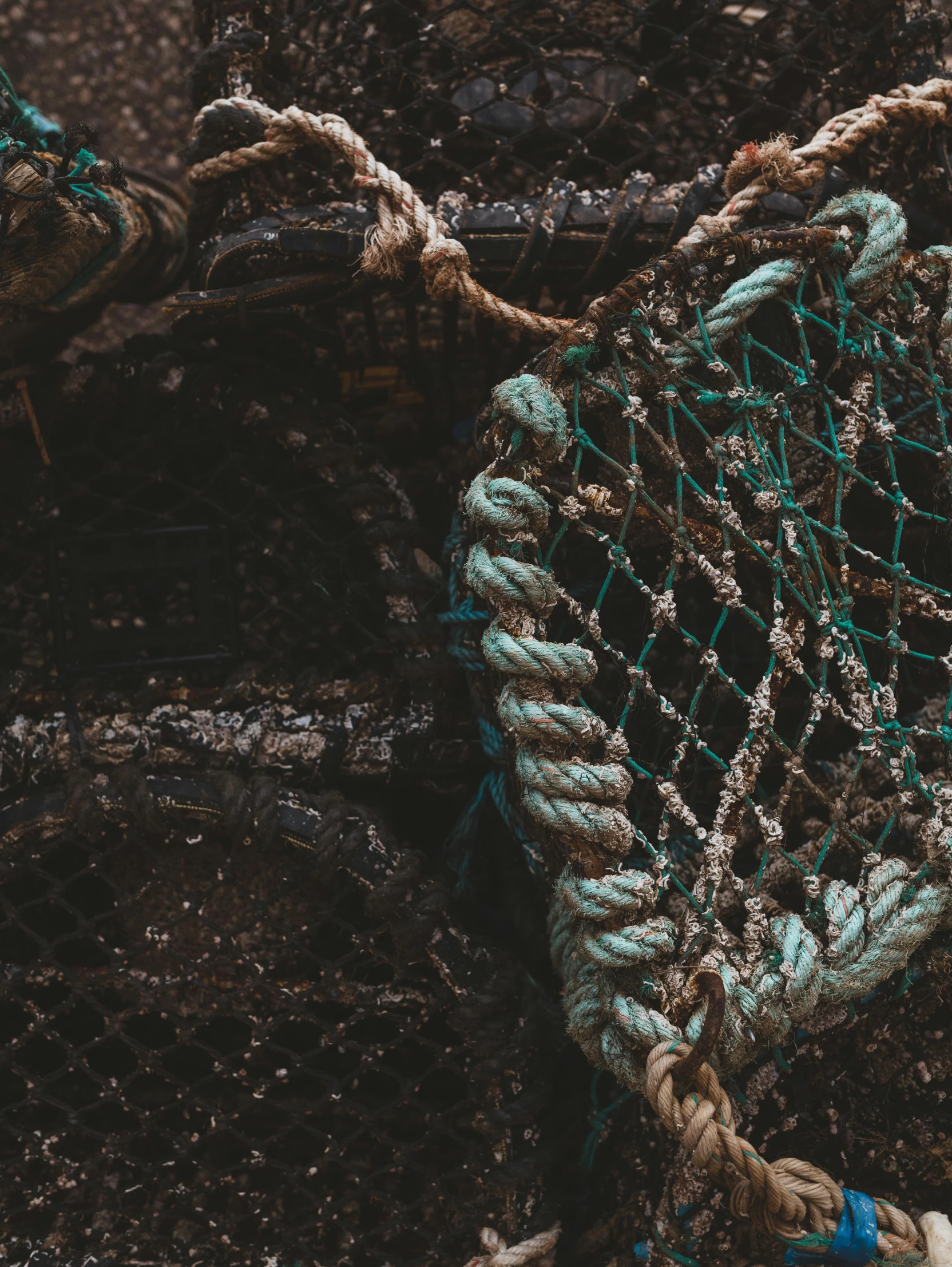 a bunch of sea ropes sitting in the mud