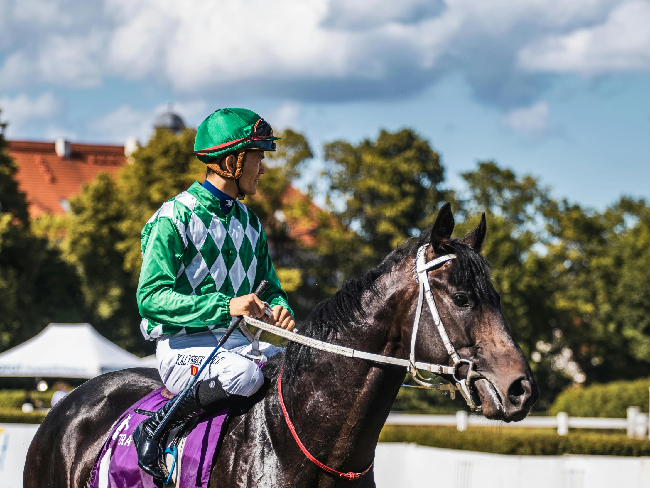 a jockey rides a horse next to an equestrian event