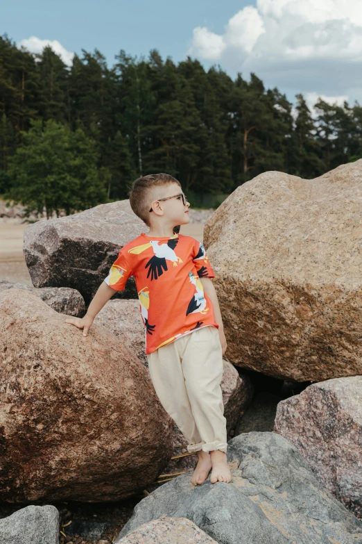 a boy standing on some rocks wearing sunglasses