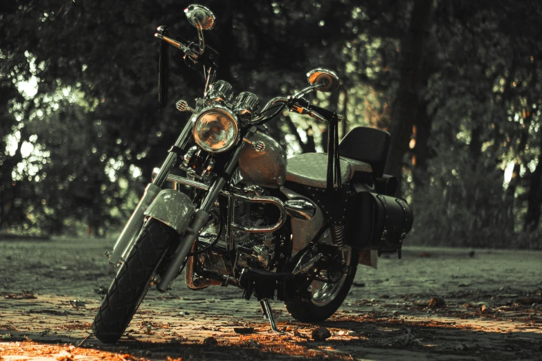 a parked motorcycle in the middle of a park