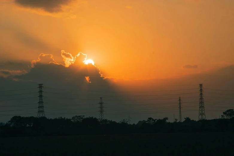 a sun setting behind power lines with a bird flying by