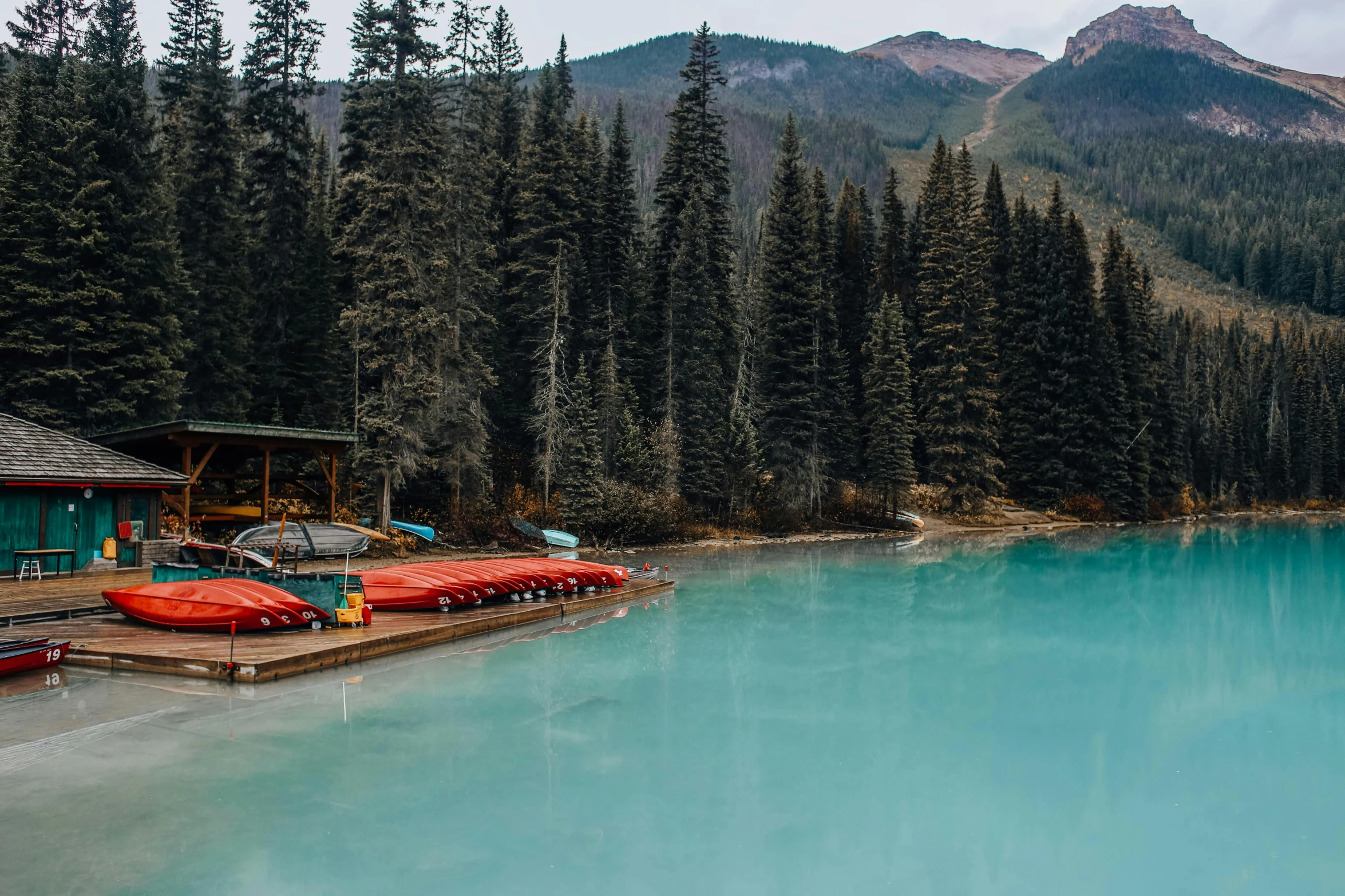 a water place with several canoes on the dock and a mountain view