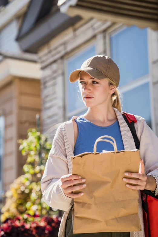 woman carrying brown paper bag on sidewalk next to house