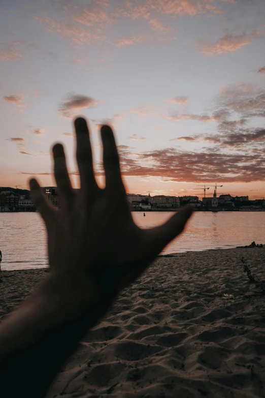 a hand reaching for soing on the beach