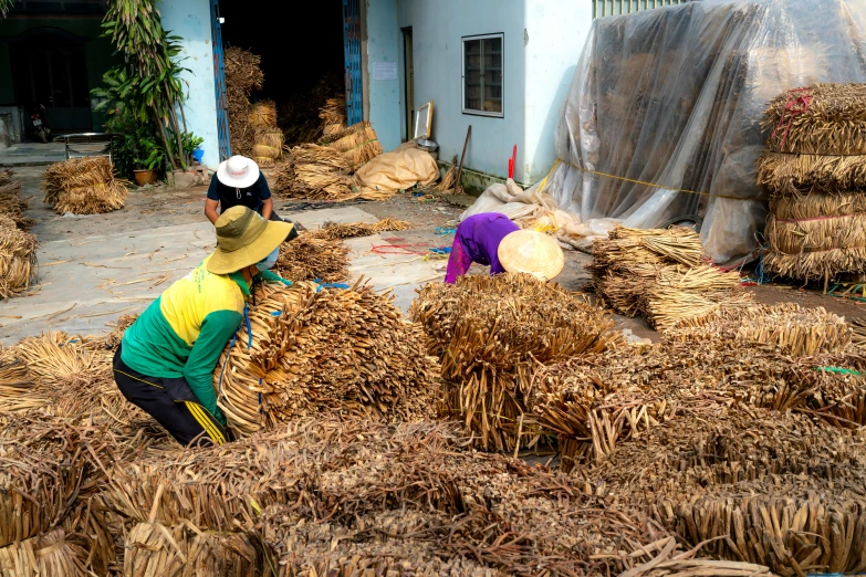 a person is standing near straw bales