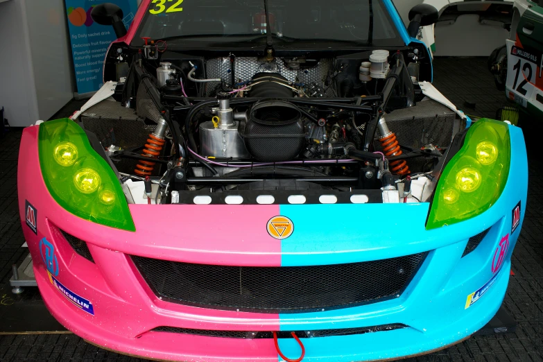 colorful colored car with its hood up