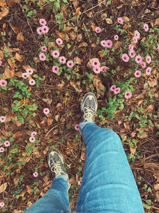 feet wearing jeans and gray shoes in the grass with pink flowers