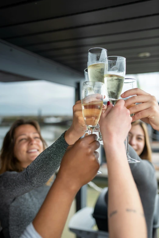 women are toasting with champagne flutes on a patio