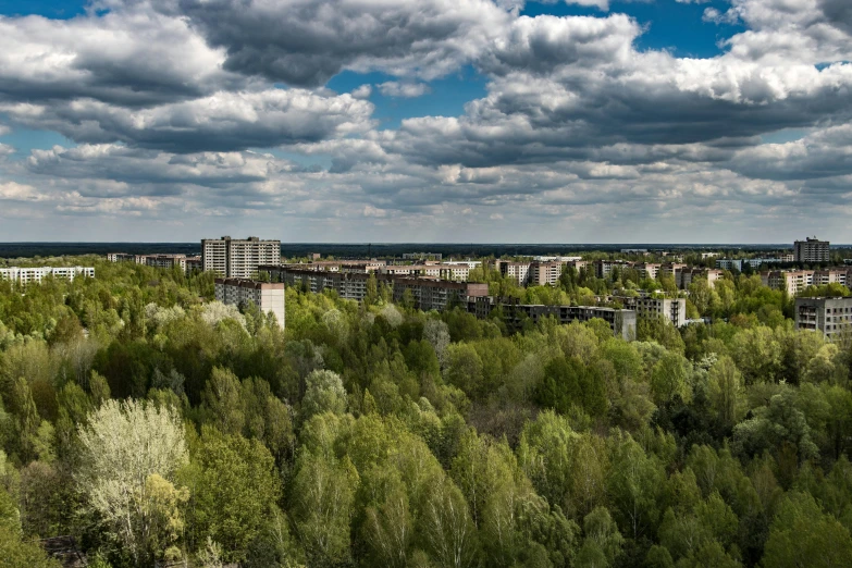 the city skyline under a cloudy sky covered in lots of trees