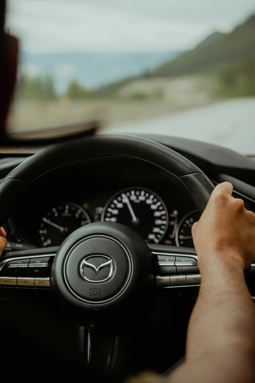 the hands are on the steering wheel of the vehicle