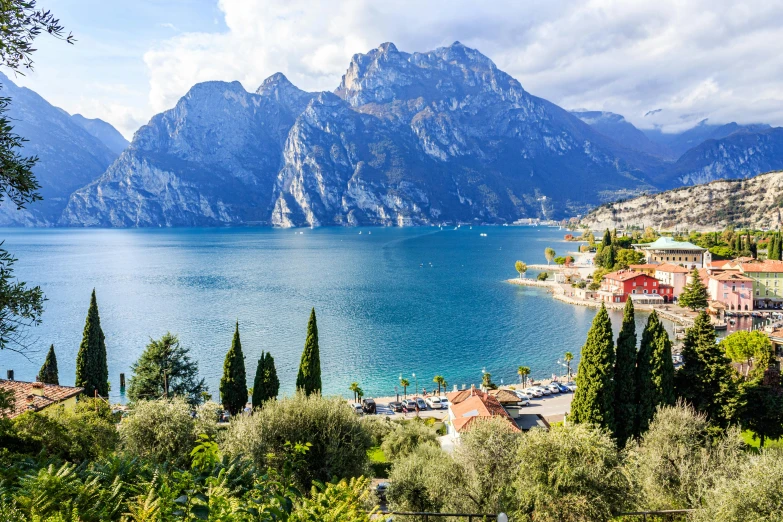 a scenic view of a lake and mountains