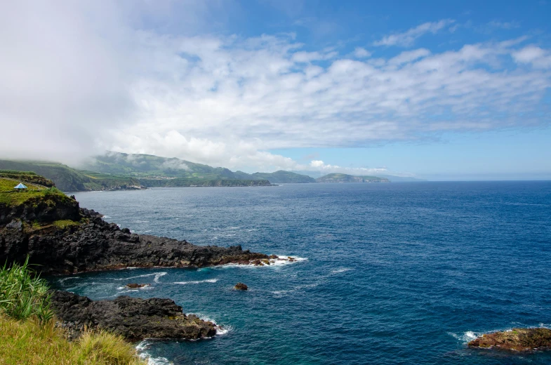 a body of water with clouds and mountains