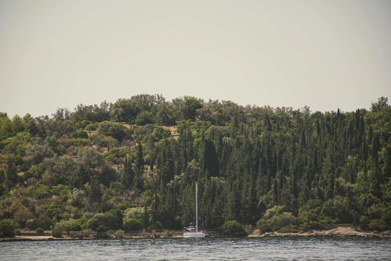 a small boat in the middle of the water near some trees