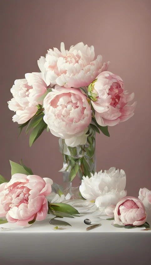 an arrangement of pink and white peonies in a vase