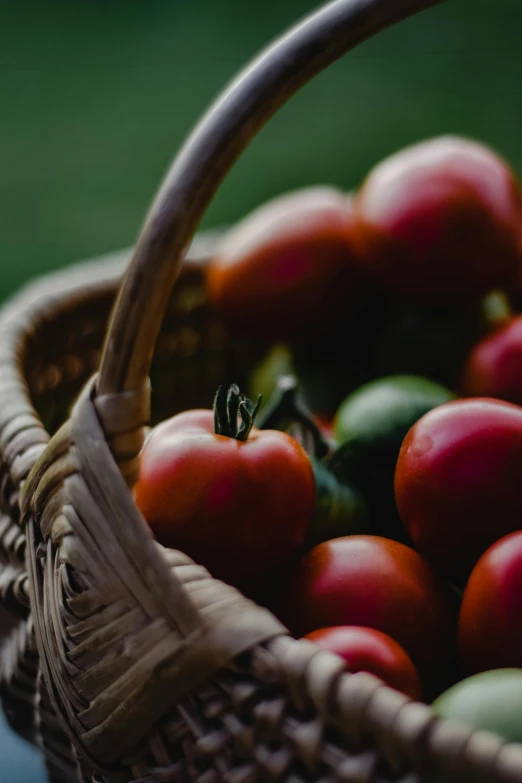 there is a basket full of fresh tomatoes