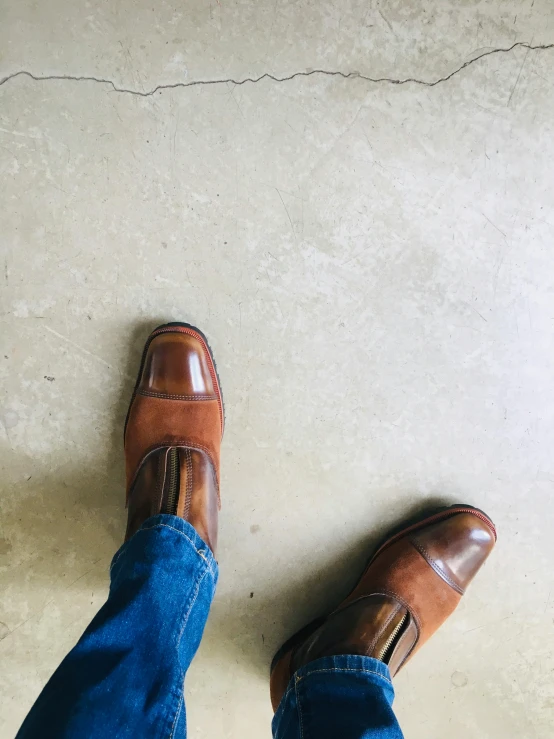 the top view of a man wearing brown leather shoes