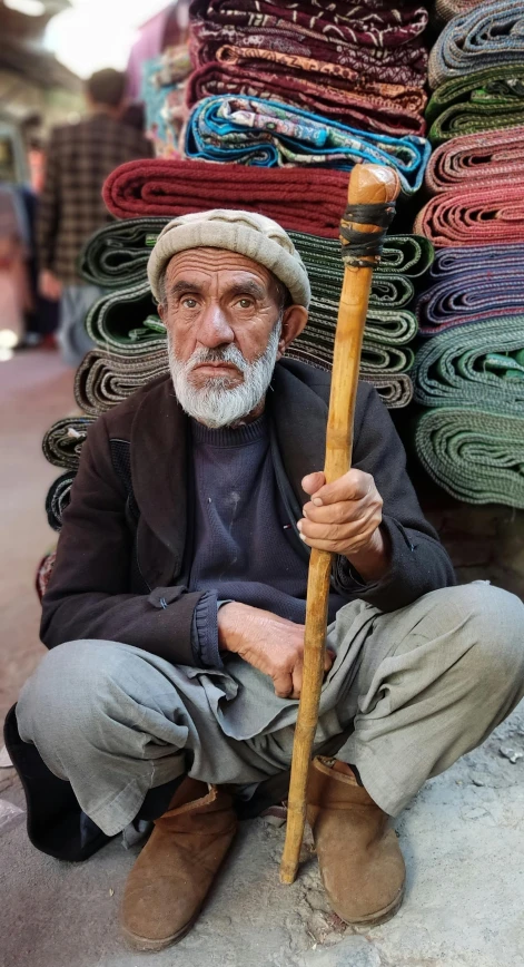 an old man is sitting with a pole and many fabric