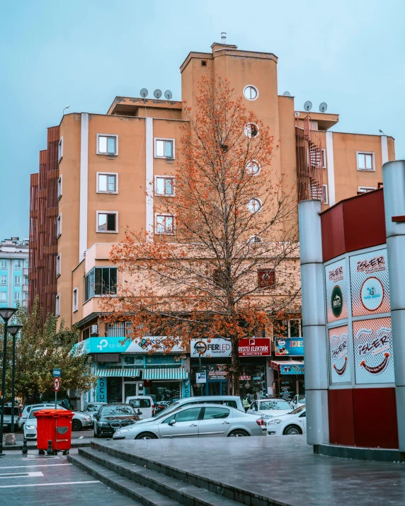 an urban street in autumn with parked cars and a clock tower