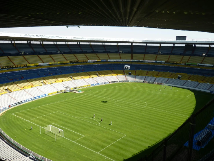 a stadium full of people standing around playing soccer