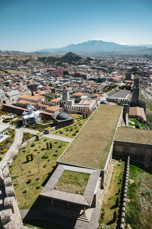 view from the air of an historic city