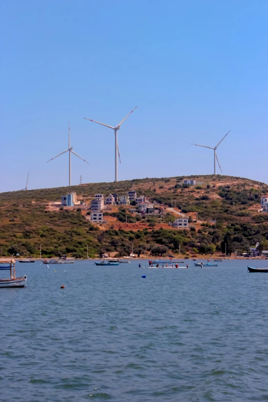 many different kinds of windmills on a hillside overlooking a body of water