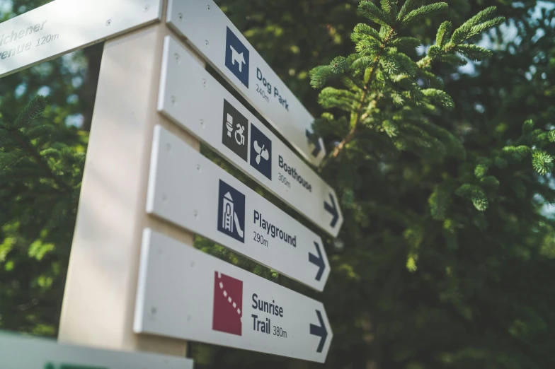 a group of street signs sitting next to trees