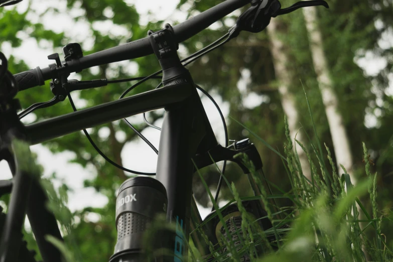 an old bicycle is resting in the tall grass