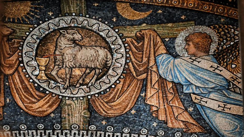 the mosaic shows a man and woman walking beside a sheep