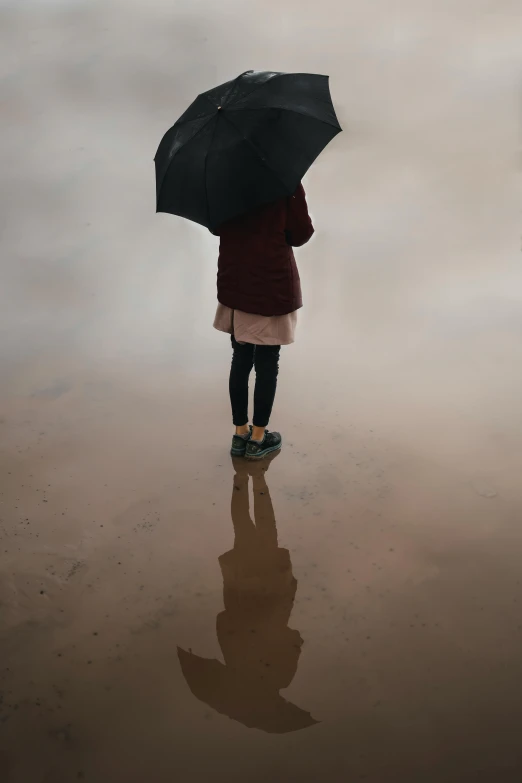 a woman with an umbrella looks at the water